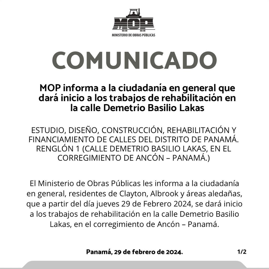 MOP iniciará trabajos de rehabilitación en el corregimiento de Ancón MOP iniciará trabajos de rehabilitación en el corregimiento de Ancón