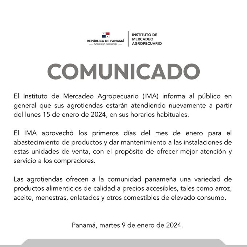 Agrotiendas del IMA regresarán este 15 de enero Agrotiendas del IMA regresarán este 15 de enero