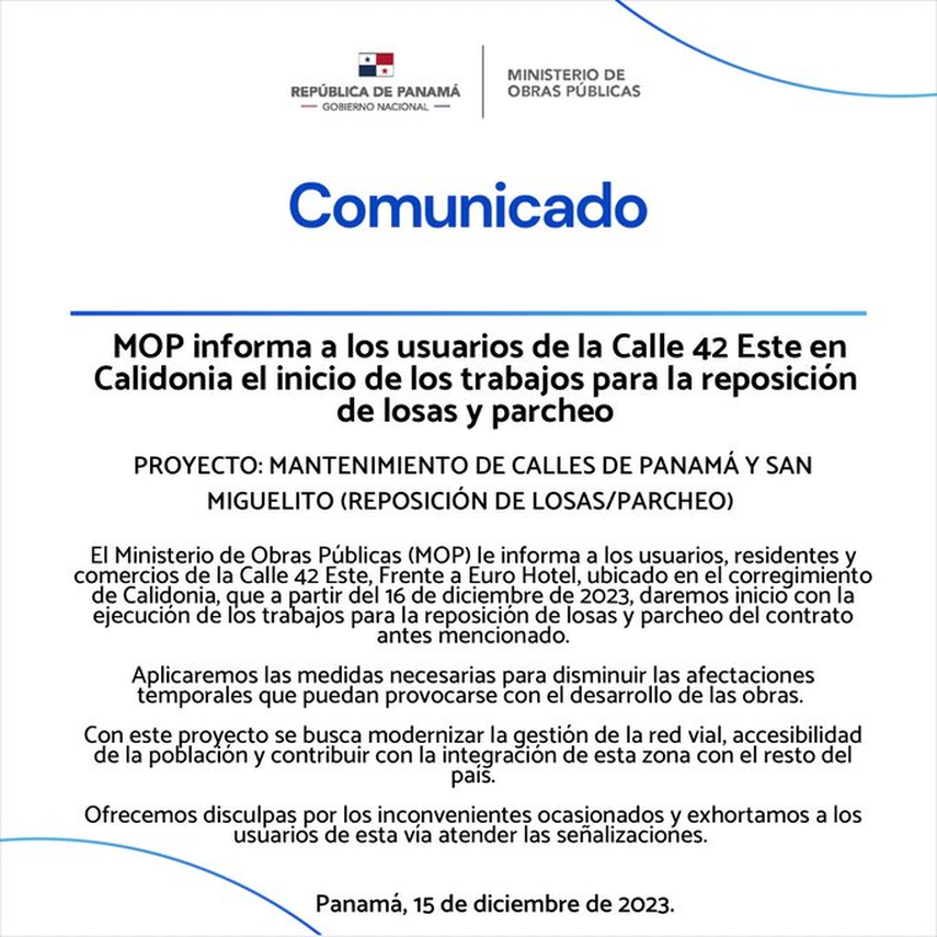 MOP anuncia trabajos de reposición de losas y parcheo en Calidonia MOP anuncia trabajos de reposición de losas y parcheo en Calidonia