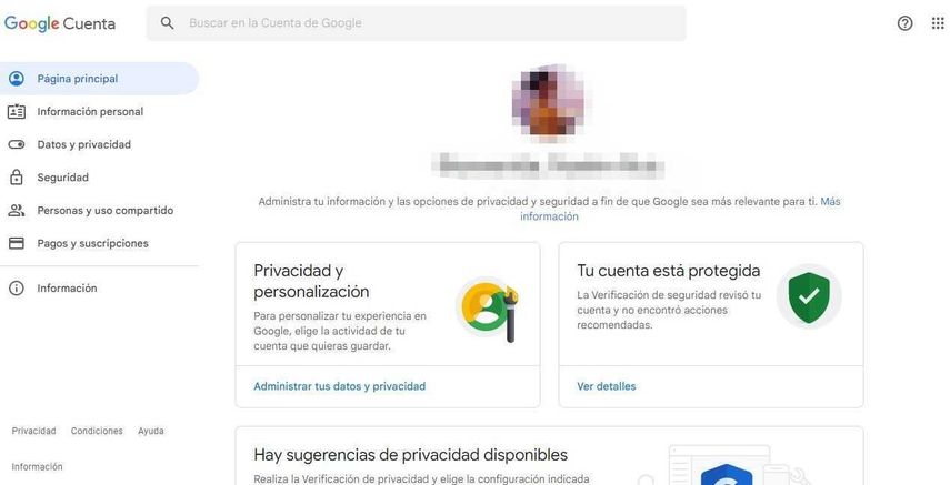Sección de datos y privacidad de Google