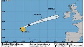 Tormenta Ernesto se convertirá en postropical hoy en aguas Atlántico Norte