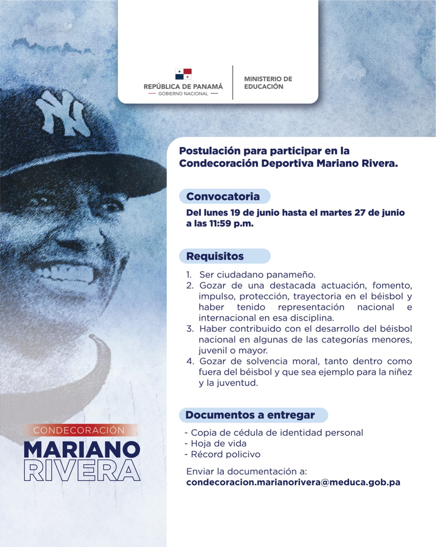 Publican fecha límite sobre Convocatoria para Condecoración Mariano Rivera