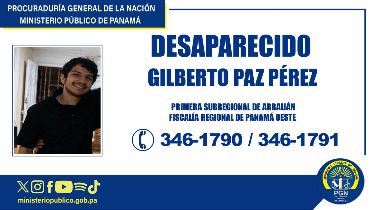 Buscan a Gilberto Paz Pérez, desaparecido en Arraiján desde enero de 2025. Buscan a Gilberto Paz Pérez, desaparecido en Arraiján desde enero de 2025.