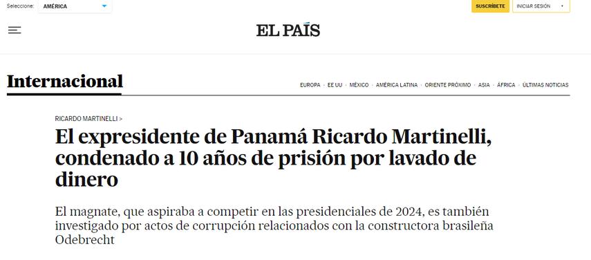Recorte del medio de comunicación español El País, informando acerca de la resolución judicial para Ricardo Martinelli. Recorte del medio de comunicación español El País, informando acerca de la resolución judicial para Ricardo Martinelli.