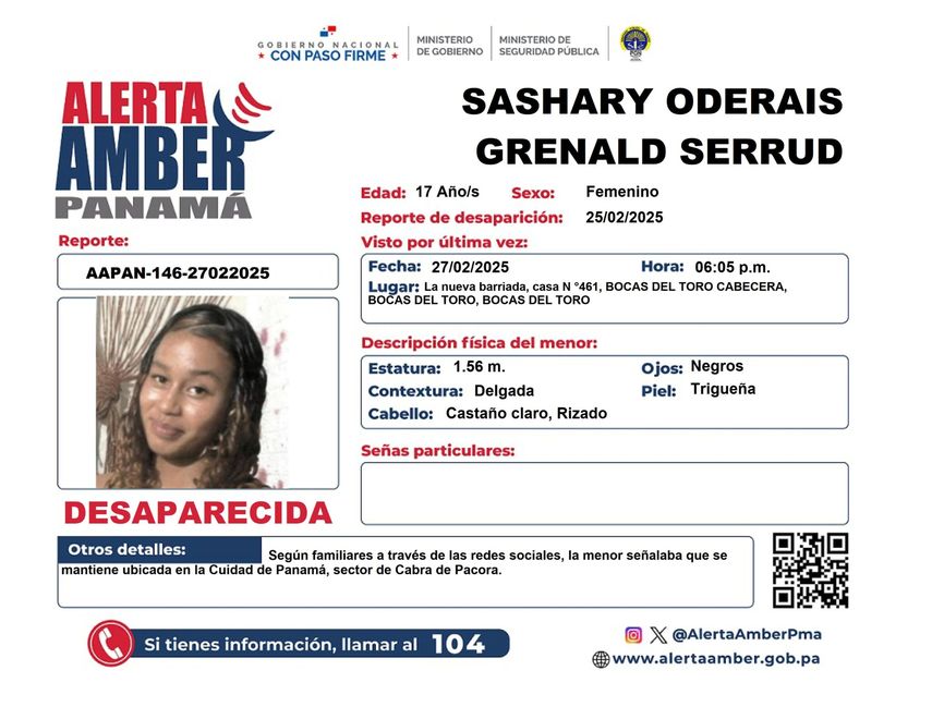 Activan Alerta Amber por desaparición de&nbsp; Sashary Oderais Grenald de 17 años