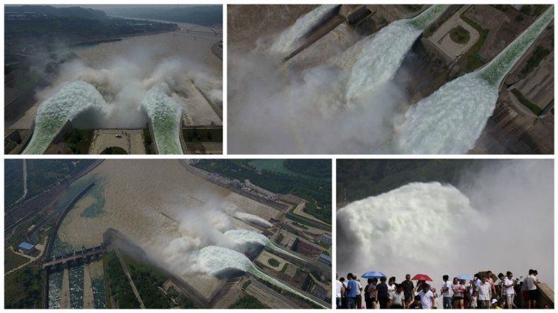 Espectaculares imágenes aéreas en China de descarga de agua de una presa