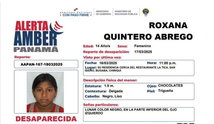 ¡Atención! Activan Alerta Amber por la desaparición de una menor de 14 años en Chiriquí