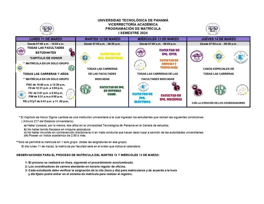 Calendario de matrículas de la UTP detalla qué estudiantes podrán matricularse primero Calendario de matrículas de la UTP detalla qué estudiantes podrán matricularse primero