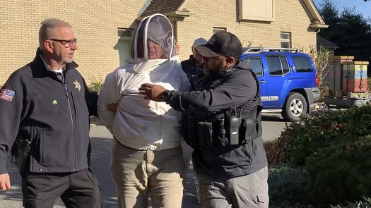 La mujer se puso un traje de apicultor para protegerse.