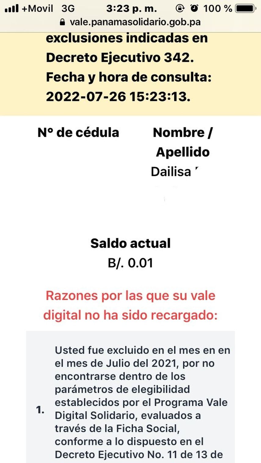 Ex beneficiaria del Vale Digital, nos muestra la respuesta dada por el ente encargado de proporcionar una información acerca de su exclusión