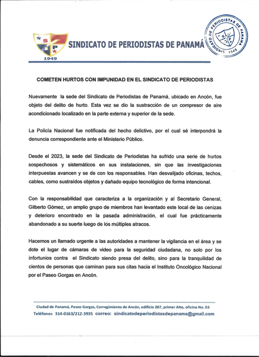 Sindicato de Periodistas denuncia 'hurtos sospechosos y sistemáticos' en sus instalaciones Sindicato de Periodistas denuncia 'hurtos sospechosos y sistemáticos' en sus instalaciones