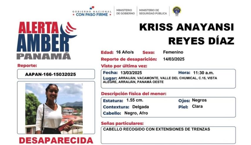 Activan Alerta Amber por desaparición de una menor de 16 años en Panamá Oeste