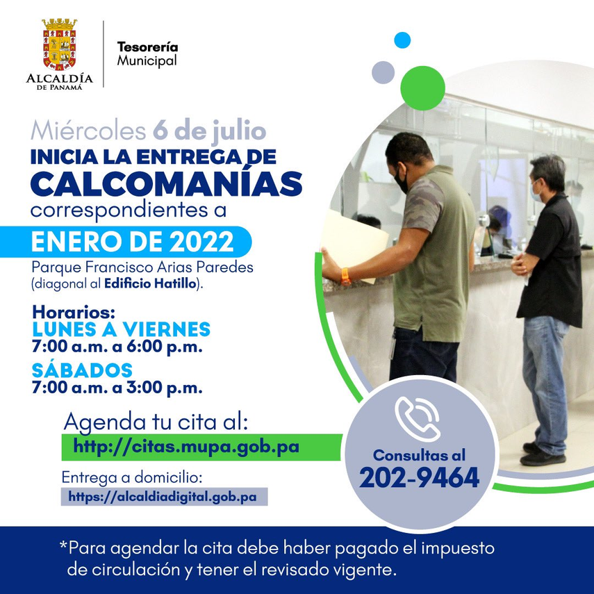 Anuncio de la Alcaldía de Panamá que da inicio la entrega de stickers o calcomanías correspondientes al mes de enero de 2022, a vehículos inscritos en esta alcaldía.