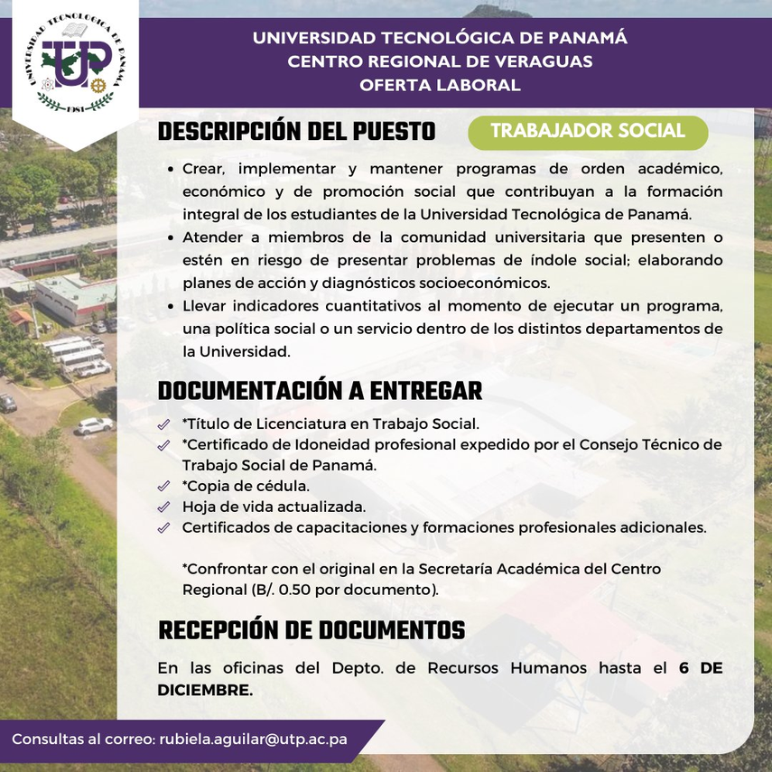 Oportunidad de Empleo en la UTP - Regional de Veraguas Oportunidad de Empleo en la UTP - Regional de Veraguas