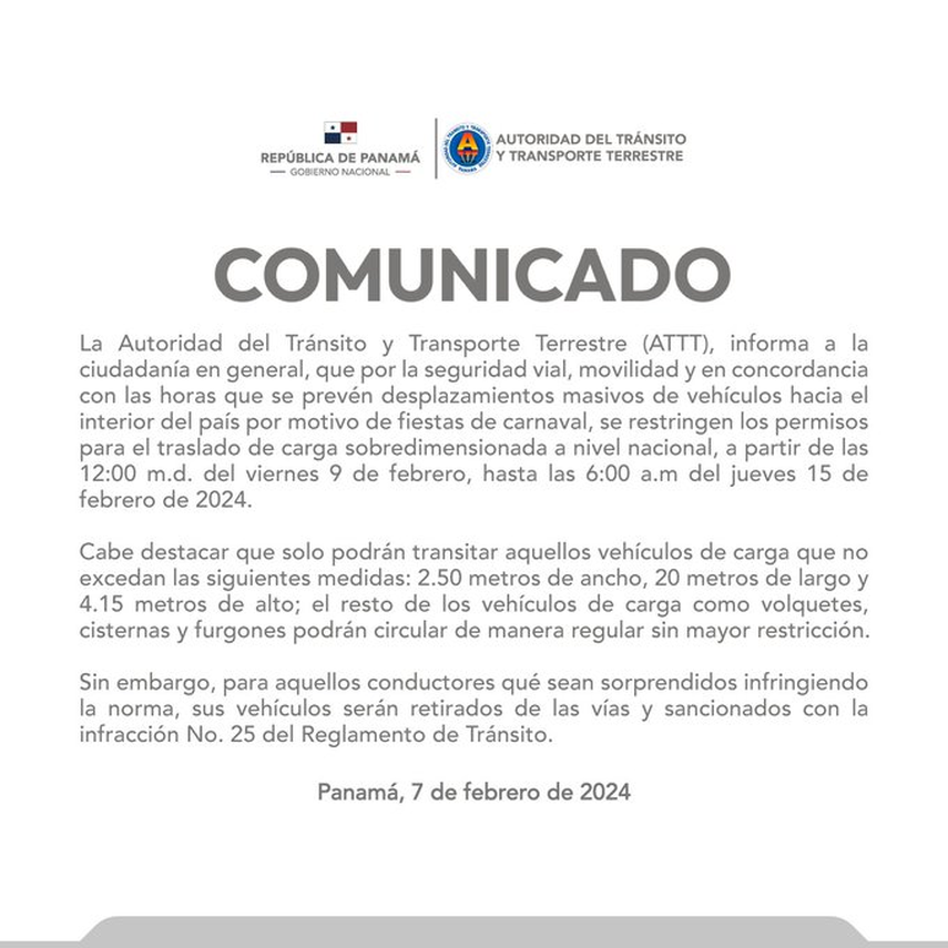 ATTT anuncia restricciones de carga sobredimensionada ATTT anuncia restricciones de carga sobredimensionada