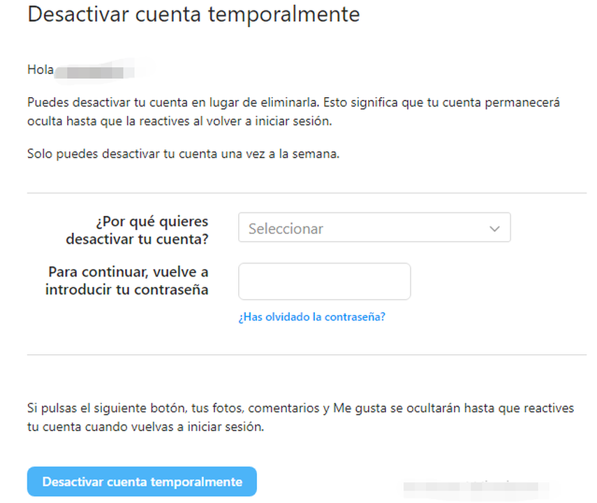 Desactiva tu cuenta temporalmente