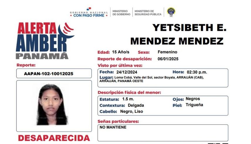 Activan Alerta Amber por desaparición de una menor de 15 años en Arraiján