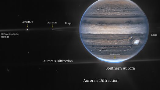 Las auroras sobre los polos norte y sur de Júpiter aparecen en colores más rojos, mientras que la Gran Mancha Roja, una tormenta más grande que la Tierra, se ve blanca.