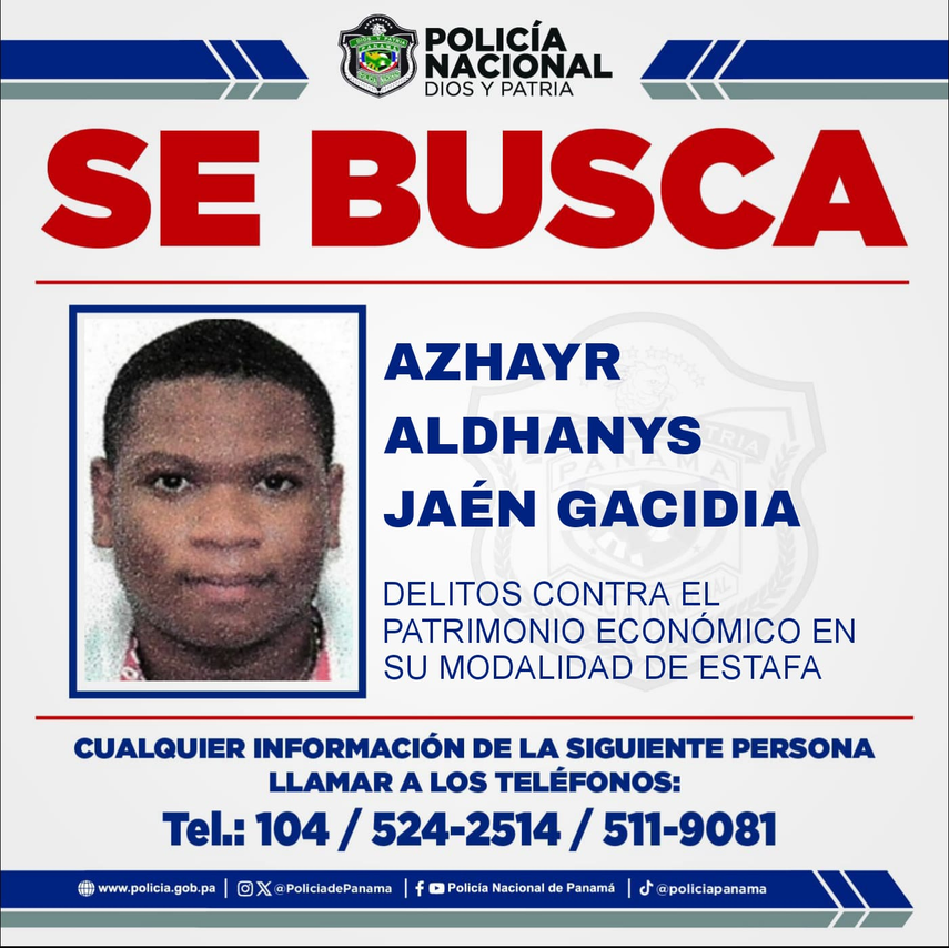 Policía Nacional solicita apoyo para encontrar a&nbsp;Azhayr Jaén sospechoso de estafa.