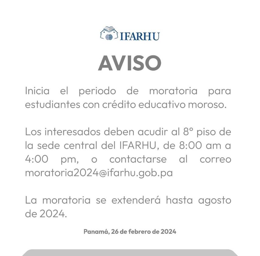 El importante aviso del IFARHU sobre la moratoria a estudiantes con crédito educativo El importante aviso del IFARHU sobre la moratoria a estudiantes con crédito educativo
